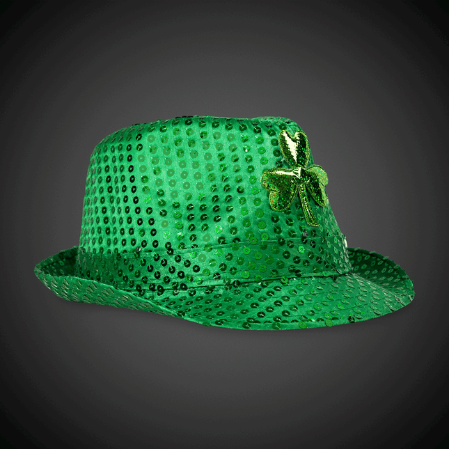 LED Light Up Flashing Green Shamrock Sequin Fedora Hat