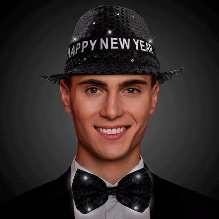 LED Light Up Flashing Happy New Year Black Sequins Fedora Hat