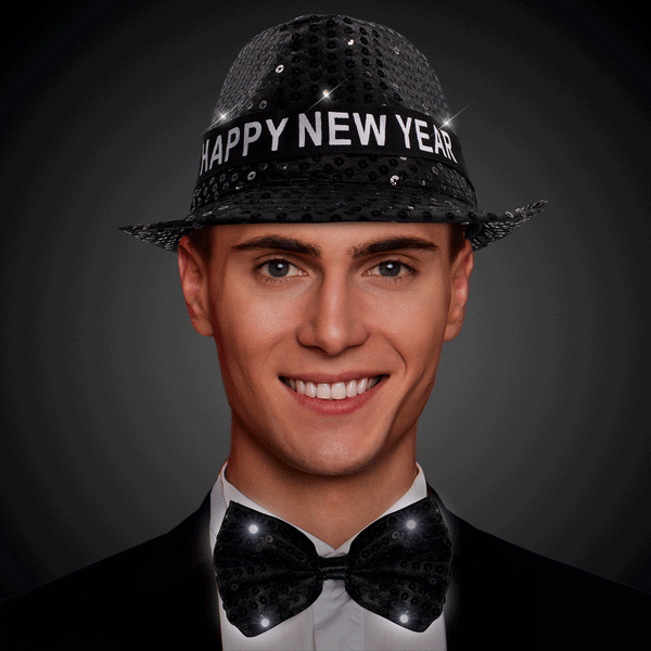 LED Light Up Flashing Happy New Year Black Sequins Fedora Hat