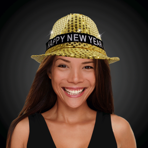 LED Light Up Flashing Happy New Year Gold Sequins Fedora Hat