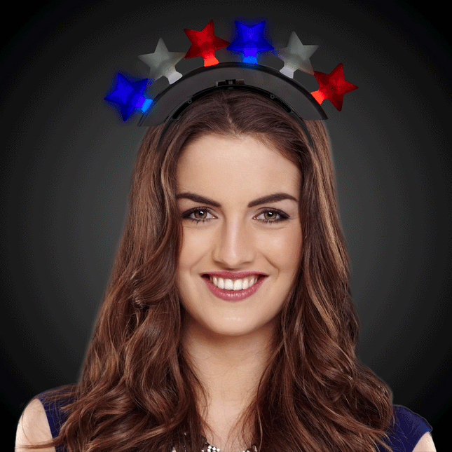 LED Light Up Flashing Patriotic Red White Blue Stars Mohawk Headband