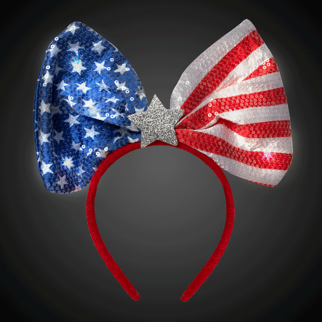 LED Light Up Flashing Patriotic USA Flag Star Sequin Bow Headband