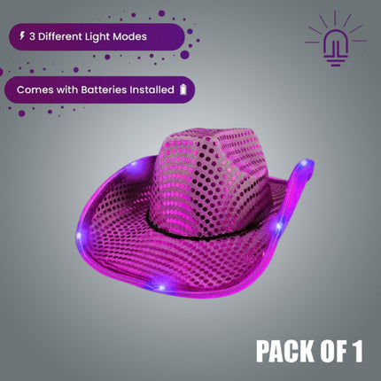 LED Light Up Flashing Purple Sequin Cowboy Hat