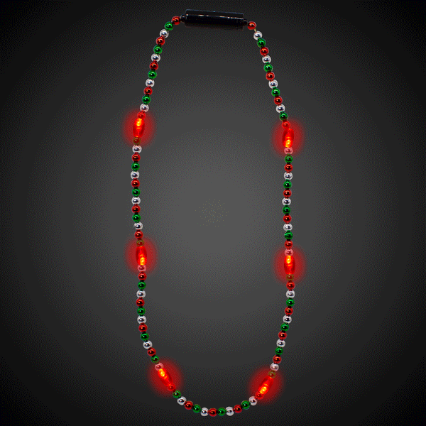 LED Light Up Flashing Red, Green & Silver Bead Necklace