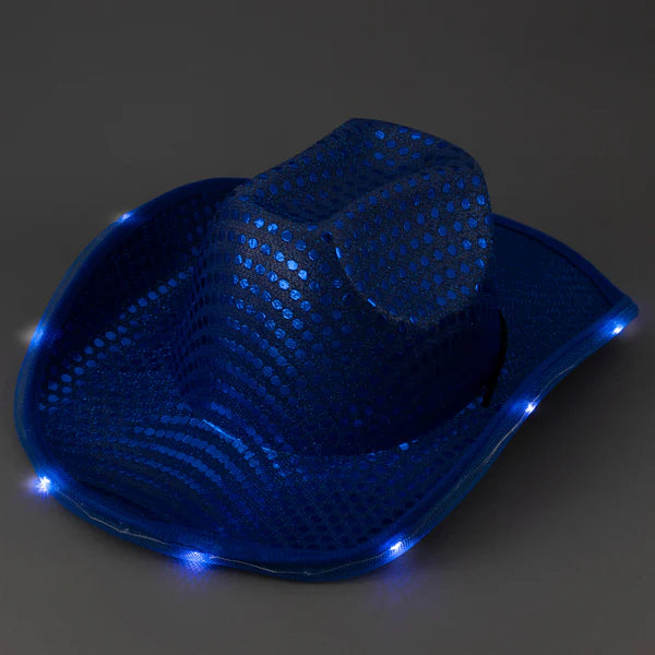LED Light Up Flashing Patriotic Red White And Blue Sequin Cowboy Hats - Pack of 3