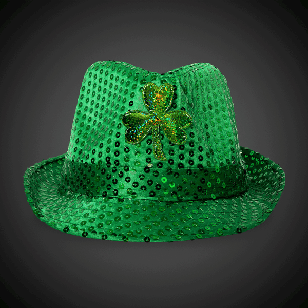 LED Light Up Flashing Shamrock Green Sequin Fedora Hat