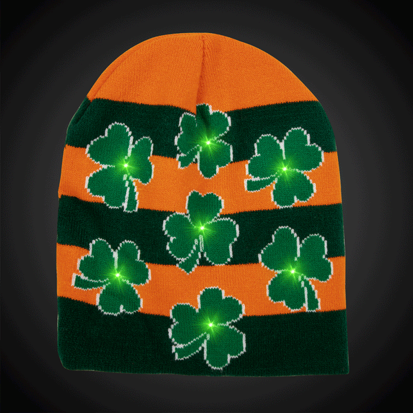 LED Light Up Flashing Shamrocks Knit Beanie