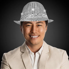 LED Light Up Flashing Silver Sequin Fedora Hat