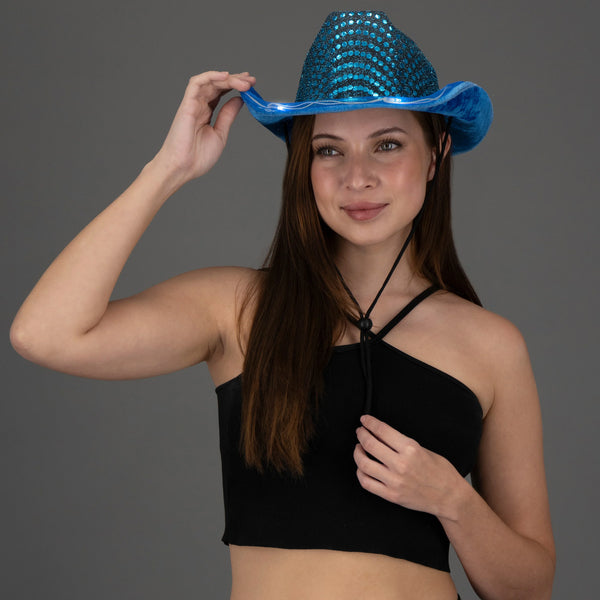 LED Light Up Flashing Sequin Teal Cowboy Hat