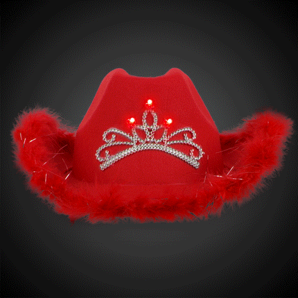 LED Light Up Flashing Tiara Red Cowboy Hat With Feather
