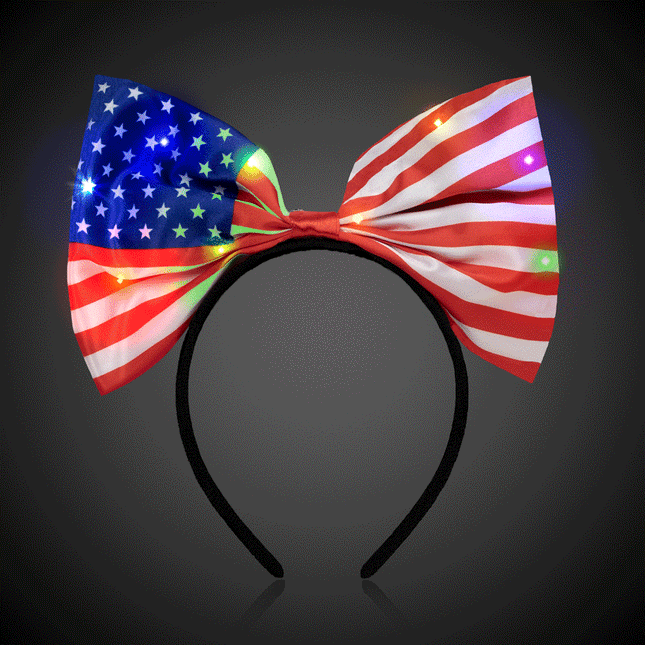 LED Light Up Flashing USA Flag Bow Headband