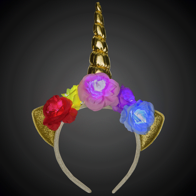 LED Light Up Flashing Unicorn Headband With Gold Horn