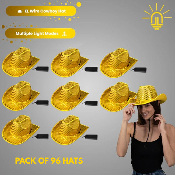 LED Flashing Gold EL Wire Sequin Cowboy Party Hat - Pack of 96 Hats