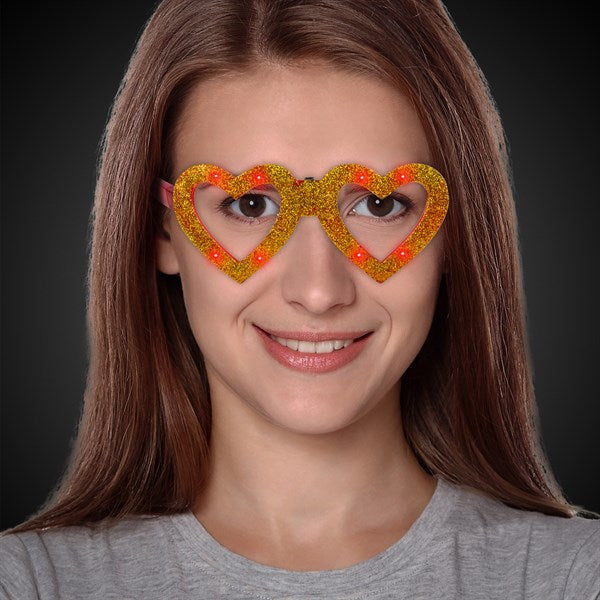 LED Light Up Gold Heart Glitter Glasses