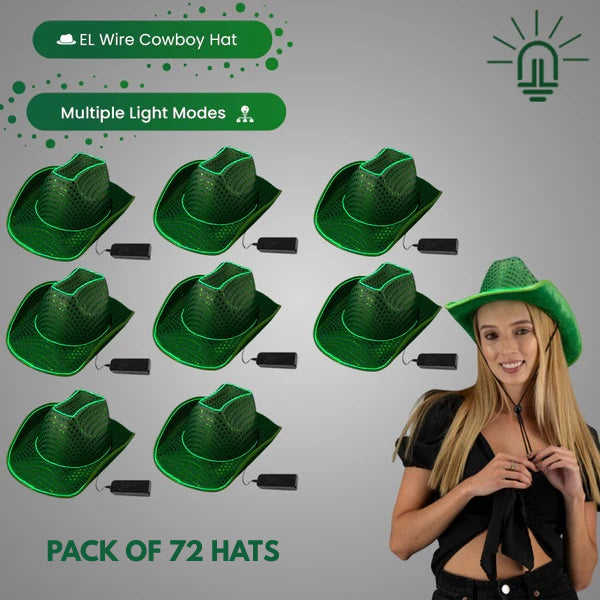 LED Flashing Green EL Wire Sequin Cowboy Party Hat - Pack of 72 Hats