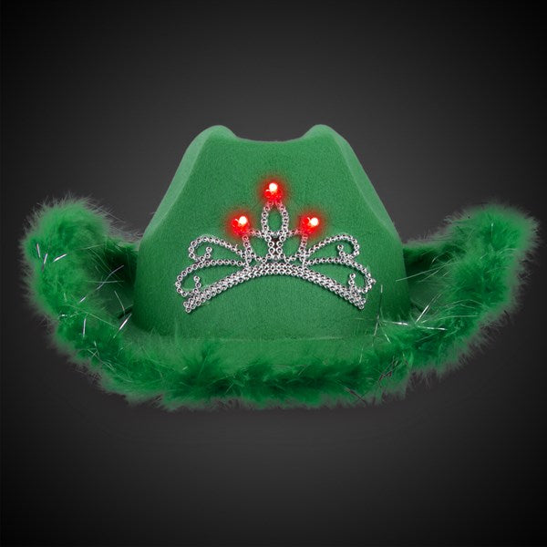 LED Light Up Green Feather Cowboy Hat With Tiara
