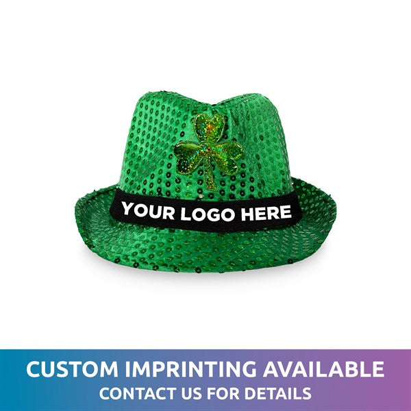 LED Light Up Green Shamrock Sequin Fedora Hat - Custom Imprint