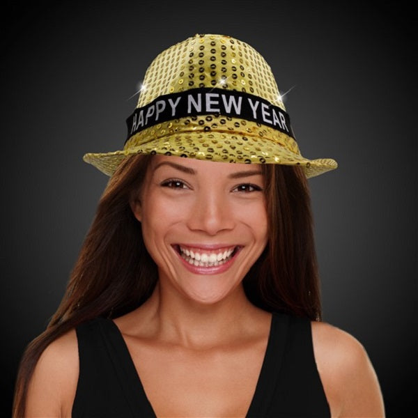LED Light Up Happy New Year Gold Sequins Fedora Hat