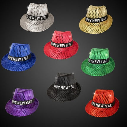 LED Light Up Happy New Year Sequin Fedoras - Assorted Pack of 12 Hats