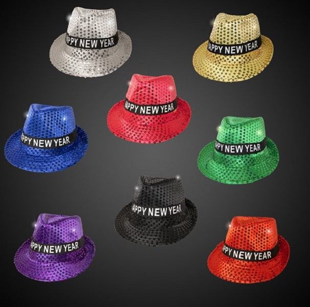 LED Light Up Happy New Year Sequin Fedoras - Assorted Pack of 12 Hats