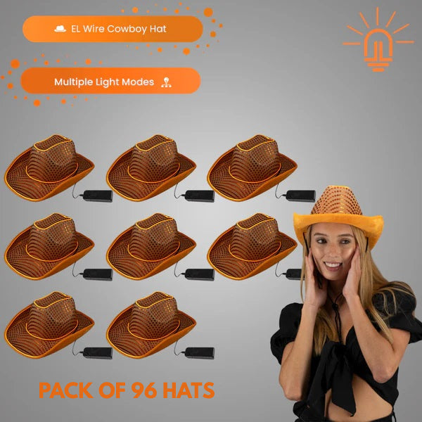 LED Light Up Orange EL Wire Sequin Cowboy Hat - Pack of 96 Hats