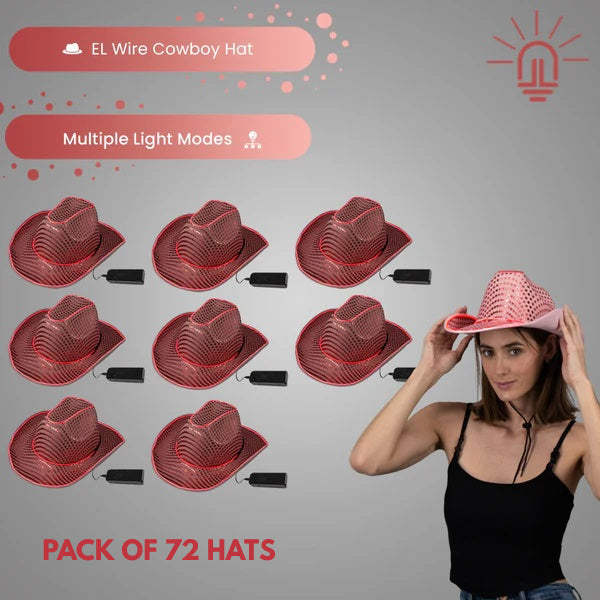 LED Light Up Pink EL Wire Sequin Cowboy Hat - Pack of 72 Hats