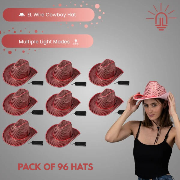 LED Flashing Pink EL Wire Sequin Cowboy Party Hat - Pack of 96 Hats