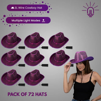 LED Light Up Purple EL Wire Sequin Cowboy Hat - Pack of 72 Hats