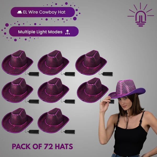 LED Light Up Purple EL Wire Sequin Cowboy Hat - Pack of 72 Hats