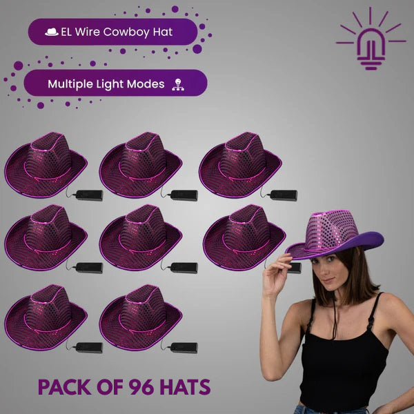 LED Flashing Purple EL Wire Sequin Cowboy Party Hat - Pack of 96 Hats
