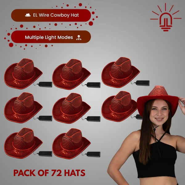LED Light Up Red EL Wire Sequin Cowboy Hat - Pack of 72 Hats
