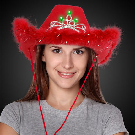 LED Light Up Red Feather Cowboy Hat With Tiara