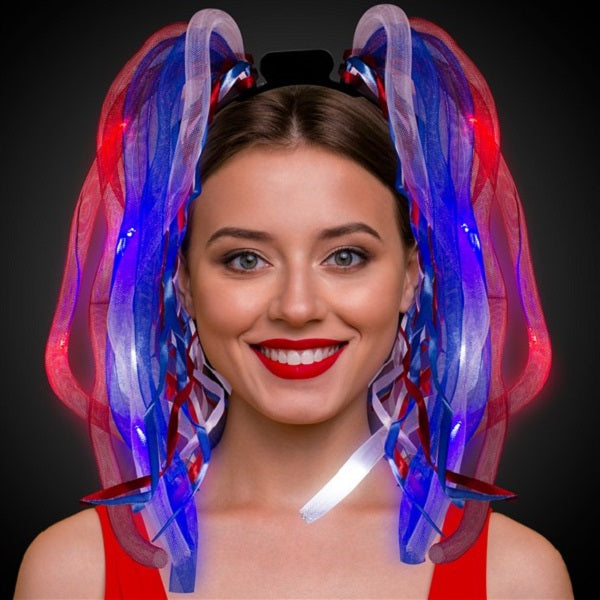 LED Light Up Red White Blue Noodle Headband Flashing Dreads