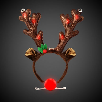 LED Light Up Reindeer Kit - Antlers Headband & Red Nose