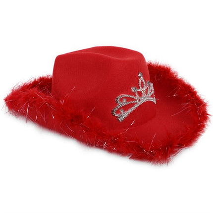 LED Light Up Tiara Red Cowboy Hat With Feather