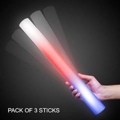 LED Light Up Tri-Color Red Blue And White Foam Stick Batons - 3 Sticks