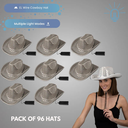 LED Light Up White EL Wire Sequin Cowboy Hat - Pack of 96 Hats