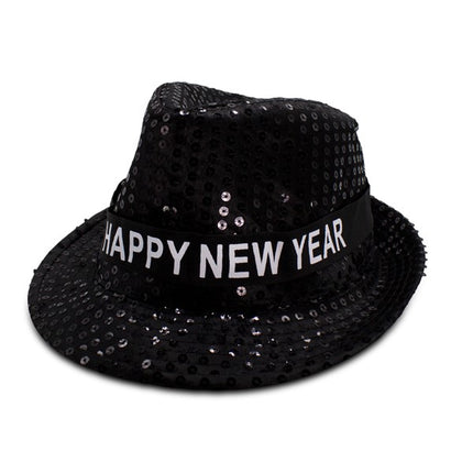 LED Lighted Happy New Year Black Sequins Fedora Hat