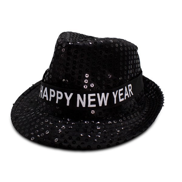 LED Lighted Happy New Year Black Sequins Fedora Hat