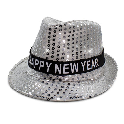 LED Lighted Happy New Year Silver Sequins Fedora Hat