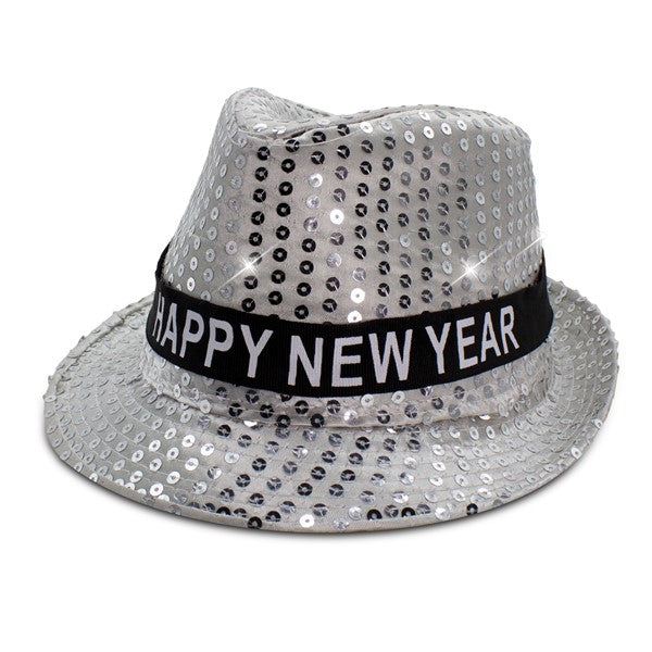 LED Lighted Happy New Year Silver Sequins Fedora Hat