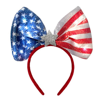 LED Patriotic USA Flag Star Sequin Bow Headband