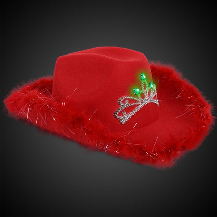 LED Red Feather Cowboy Hat With Light Up Tiara