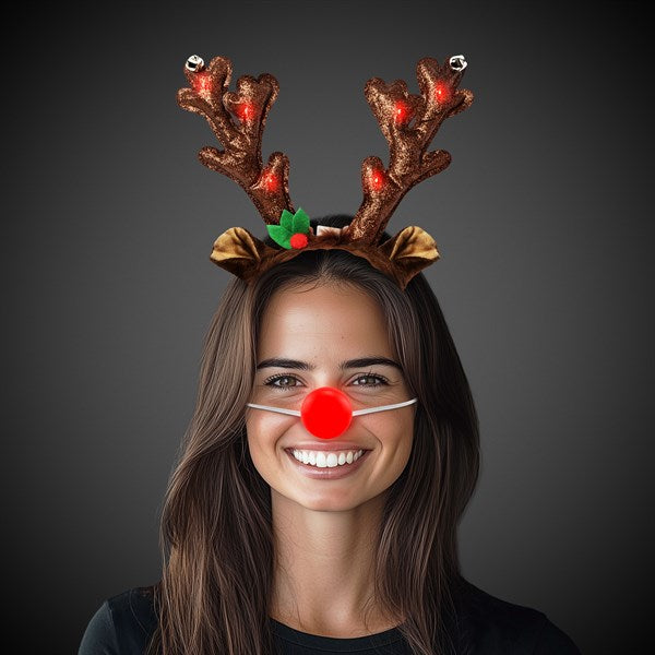 LED Reindeer Kit - Light Up Antlers Headband & Red Nose