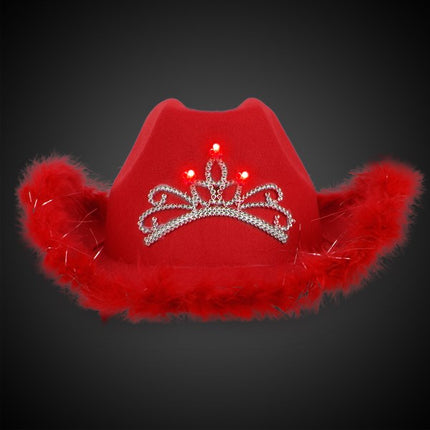 LED Tiara Red Cowboy Hat With Feather
