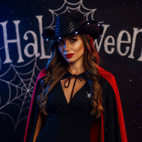 LED Light Up Flashing Black Cowboy Hat With Sequins - Pack of 2 Hats