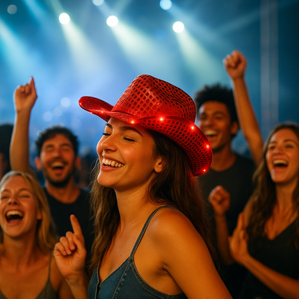 Flashing red cowboy hats for parties 