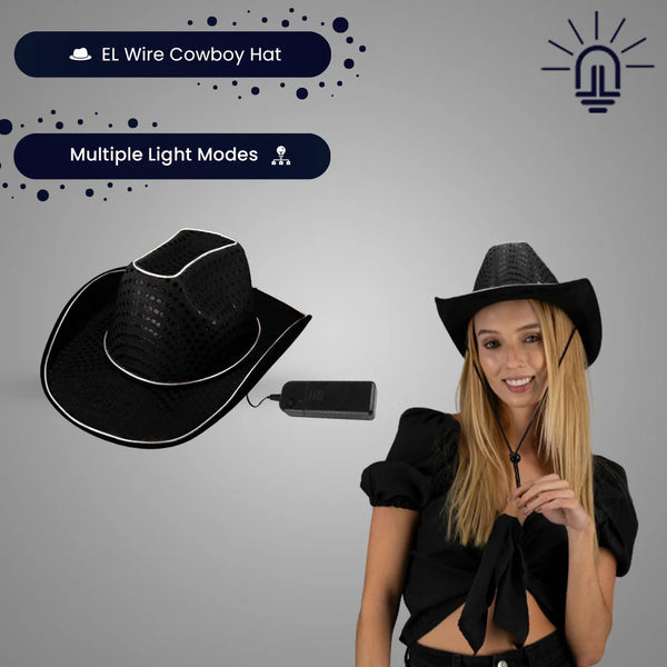 Light Up Glow EL Wire Sequin Black Cowboy Hat