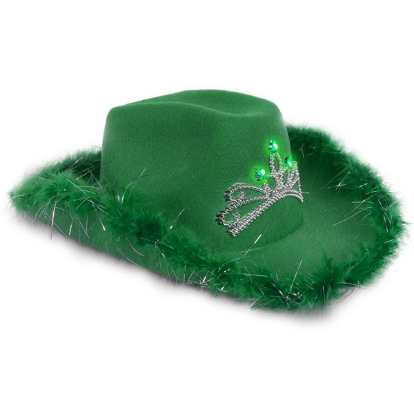 Light Up Green Feather Cowboy Hat With Tiara
