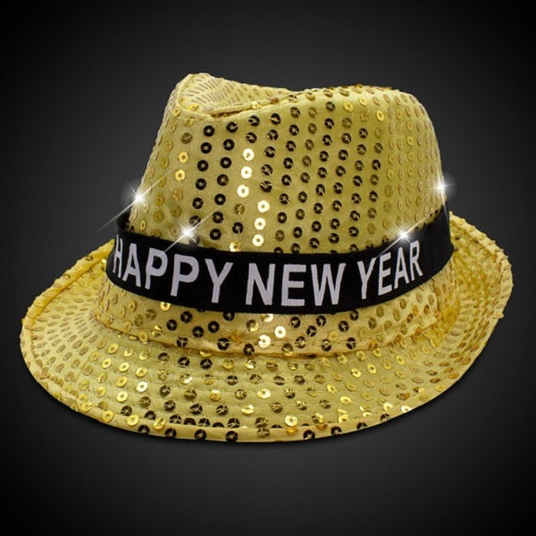 Light Up Happy New Year Gold Sequins Fedora Hat